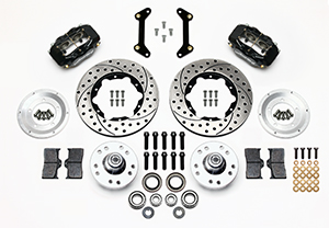 Wilwood Forged Dynalite Pro Series Front Brake Kit Parts Laid Out - Black Powder Coat Caliper - SRP Drilled & Slotted Rotor