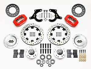 Wilwood Forged Dynalite Pro Series Front Brake Kit Parts Laid Out - Red Powder Coat Caliper - SRP Drilled & Slotted Rotor