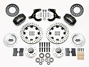 Wilwood Forged Dynalite Pro Series Front Brake Kit Parts Laid Out - Black Powder Coat Caliper - SRP Drilled & Slotted Rotor