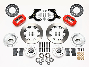 Wilwood Forged Dynalite Pro Series Front Brake Kit Parts Laid Out - Red Powder Coat Caliper - Plain Face Rotor