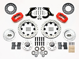 Wilwood Forged Dynalite Pro Series Front Brake Kit Parts Laid Out - Red Powder Coat Caliper - SRP Drilled & Slotted Rotor