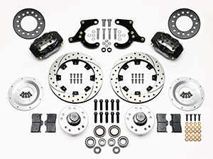 Wilwood Forged Dynalite Pro Series Front Brake Kit Parts Laid Out - Black Powder Coat Caliper - SRP Drilled & Slotted Rotor