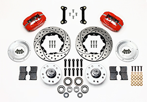 Wilwood Forged Dynalite Pro Series Front Brake Kit Parts Laid Out - Red Powder Coat Caliper - SRP Drilled & Slotted Rotor