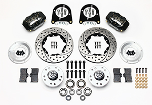 Wilwood Forged Dynalite Pro Series Front Brake Kit Parts Laid Out - Black Powder Coat Caliper - SRP Drilled & Slotted Rotor