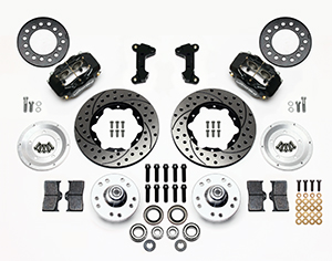 Wilwood Forged Dynalite Pro Series Front Brake Kit Parts Laid Out - Black Powder Coat Caliper - SRP Drilled & Slotted Rotor