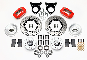 Wilwood Forged Dynalite Pro Series Front Brake Kit Parts Laid Out - Red Powder Coat Caliper - SRP Drilled & Slotted Rotor