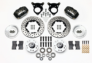 Wilwood Forged Dynalite Pro Series Front Brake Kit Parts Laid Out - Black Powder Coat Caliper - SRP Drilled & Slotted Rotor