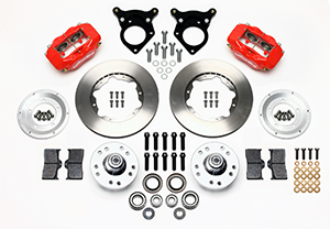 Wilwood Forged Dynalite Pro Series Front Brake Kit Parts Laid Out - Red Powder Coat Caliper - Plain Face Rotor