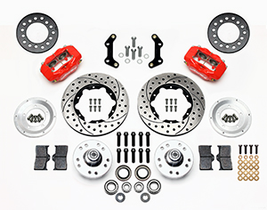 Wilwood Forged Dynalite Pro Series Front Brake Kit Parts Laid Out - Red Powder Coat Caliper - SRP Drilled & Slotted Rotor