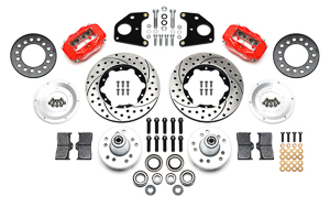 Wilwood Forged Dynalite Pro Series Front Brake Kit Parts Laid Out - Red Powder Coat Caliper - SRP Drilled & Slotted Rotor