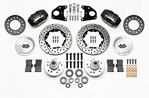 Wilwood Forged Dynalite Pro Series Front Brake Kit Parts Laid Out - Black Powder Coat Caliper - SRP Drilled & Slotted Rotor