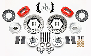 Wilwood Forged Dynalite Pro Series Front Brake Kit Parts Laid Out - Red Powder Coat Caliper - SRP Drilled & Slotted Rotor