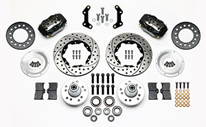 Wilwood Forged Dynalite Pro Series Front Brake Kit Parts Laid Out - Black Powder Coat Caliper - SRP Drilled & Slotted Rotor