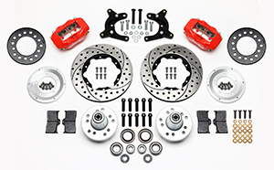 Wilwood Forged Dynalite Pro Series Front Brake Kit Parts Laid Out - Red Powder Coat Caliper - SRP Drilled & Slotted Rotor