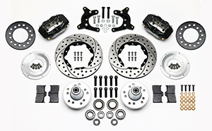 Wilwood Forged Dynalite Pro Series Front Brake Kit Parts Laid Out - Black Powder Coat Caliper - SRP Drilled & Slotted Rotor