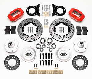 Wilwood Forged Dynalite Pro Series Front Brake Kit Parts Laid Out - Red Powder Coat Caliper - SRP Drilled & Slotted Rotor