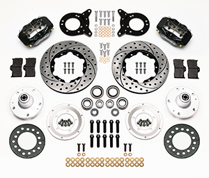 Wilwood Forged Dynalite Pro Series Front Brake Kit Parts Laid Out - Black Powder Coat Caliper - SRP Drilled & Slotted Rotor