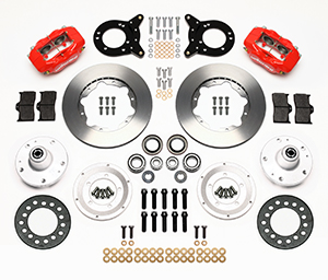 Wilwood Forged Dynalite Pro Series Front Brake Kit Parts Laid Out - Red Powder Coat Caliper - Plain Face Rotor