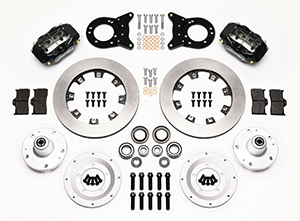 Wilwood Forged Dynalite Big Brake Front Brake Kit (Hub) Parts Laid Out - Black Powder Coat Caliper - Plain Face Rotor