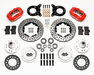 Wilwood Forged Dynalite Pro Series Front Brake Kit Parts Laid Out - Red Powder Coat Caliper - SRP Drilled & Slotted Rotor