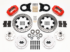 Wilwood Forged Dynalite Big Brake Front Brake Kit (Hub) Parts Laid Out - Red Powder Coat Caliper - SRP Drilled & Slotted Rotor