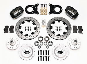 Wilwood Forged Dynalite Big Brake Front Brake Kit (Hub) Parts Laid Out - Black Powder Coat Caliper - SRP Drilled & Slotted Rotor