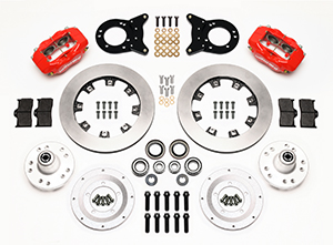 Wilwood Forged Dynalite Big Brake Front Brake Kit (Hub) Parts Laid Out - Red Powder Coat Caliper - Plain Face Rotor