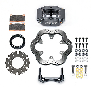 Wilwood Billet Narrow Dynalite Radial Mount Sprint Inboard Brake Kit Parts Laid Out - Type III Anodize Caliper - Drilled Rotor