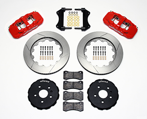 Wilwood AERO6 Big Brake Front Brake Kit Parts Laid Out - Red Powder Coat Caliper - GT Slotted Rotor