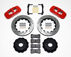 Wilwood AERO4 Big Brake Rear Brake Kit For OE Parking Brake Parts Laid Out - Red Powder Coat Caliper - SRP Drilled & Slotted Rotor