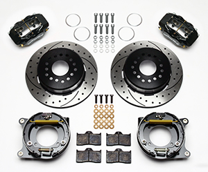 Wilwood Forged Dynalite Rear Parking Brake Kit Parts Laid Out - Black Powder Coat Caliper - SRP Drilled & Slotted Rotor