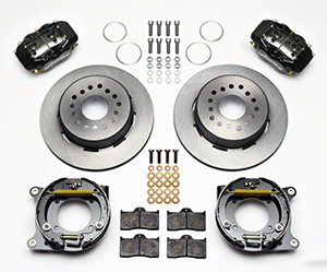 Wilwood Forged Dynalite Rear Parking Brake Kit Parts Laid Out - Black Powder Coat Caliper - Plain Face Rotor