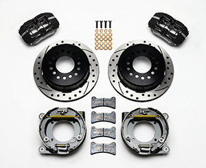 Wilwood Forged Dynapro Low-Profile Rear Parking Brake Kit Parts Laid Out - Black Powder Coat Caliper - SRP Drilled & Slotted Rotor