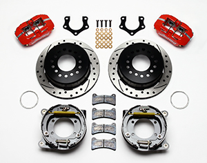 Wilwood Forged Dynapro Low-Profile Rear Parking Brake Kit Parts Laid Out - Red Powder Coat Caliper - SRP Drilled & Slotted Rotor