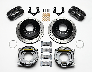 Wilwood Forged Dynapro Low-Profile Rear Parking Brake Kit Parts Laid Out - Black Powder Coat Caliper - SRP Drilled & Slotted Rotor