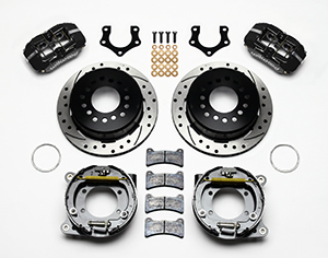 Wilwood Forged Dynapro Low-Profile Rear Parking Brake Kit Parts Laid Out - Black Powder Coat Caliper - SRP Drilled & Slotted Rotor