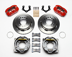 Wilwood Forged Dynapro Low-Profile Rear Parking Brake Kit Parts Laid Out - Red Powder Coat Caliper - Plain Face Rotor