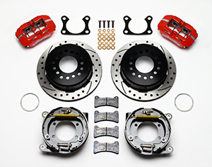 Wilwood Forged Dynapro Low-Profile Rear Parking Brake Kit Parts Laid Out - Red Powder Coat Caliper - SRP Drilled & Slotted Rotor