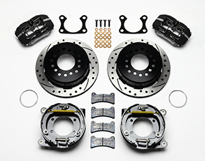 Wilwood Forged Dynapro Low-Profile Rear Parking Brake Kit Parts Laid Out - Black Powder Coat Caliper - SRP Drilled & Slotted Rotor