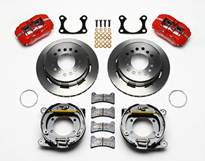 Wilwood Forged Dynapro Low-Profile Rear Parking Brake Kit Parts Laid Out - Red Powder Coat Caliper - Plain Face Rotor