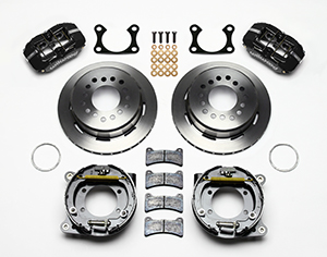 Wilwood Forged Dynapro Low-Profile Rear Parking Brake Kit Parts Laid Out - Black Powder Coat Caliper - Plain Face Rotor