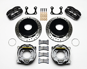 Wilwood Forged Dynapro Low-Profile Rear Parking Brake Kit Parts Laid Out - Black Powder Coat Caliper - SRP Drilled & Slotted Rotor