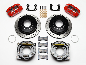 Wilwood Forged Dynapro Low-Profile Rear Parking Brake Kit Parts Laid Out - Red Powder Coat Caliper - SRP Drilled & Slotted Rotor