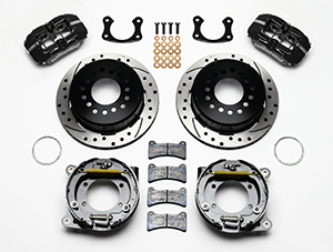 Wilwood Forged Dynapro Low-Profile Rear Parking Brake Kit Parts Laid Out - Black Powder Coat Caliper - SRP Drilled & Slotted Rotor