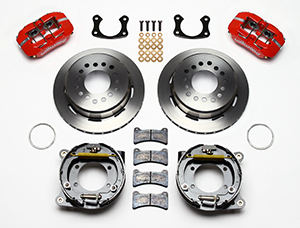 Wilwood Forged Dynapro Low-Profile Rear Parking Brake Kit Parts Laid Out - Red Powder Coat Caliper - Plain Face Rotor