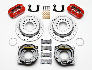 Wilwood Forged Dynapro Low-Profile Rear Parking Brake Kit Parts Laid Out - Red Powder Coat Caliper - SRP Drilled & Slotted Rotor