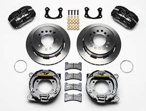 Wilwood Forged Dynapro Low-Profile Rear Parking Brake Kit Parts Laid Out - Black Powder Coat Caliper - Plain Face Rotor