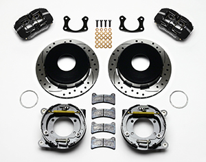 Wilwood Forged Dynapro Low-Profile Rear Parking Brake Kit Parts Laid Out - Black Powder Coat Caliper - SRP Drilled & Slotted Rotor