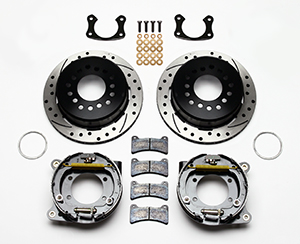 Wilwood Forged Dynapro Low-Profile Rear Parking Brake Kit Parts Laid Out - SRP Drilled & Slotted Rotor