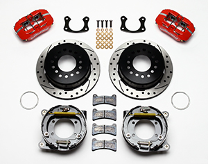 Wilwood Forged Dynapro Low-Profile Rear Parking Brake Kit Parts Laid Out - Red Powder Coat Caliper - SRP Drilled & Slotted Rotor